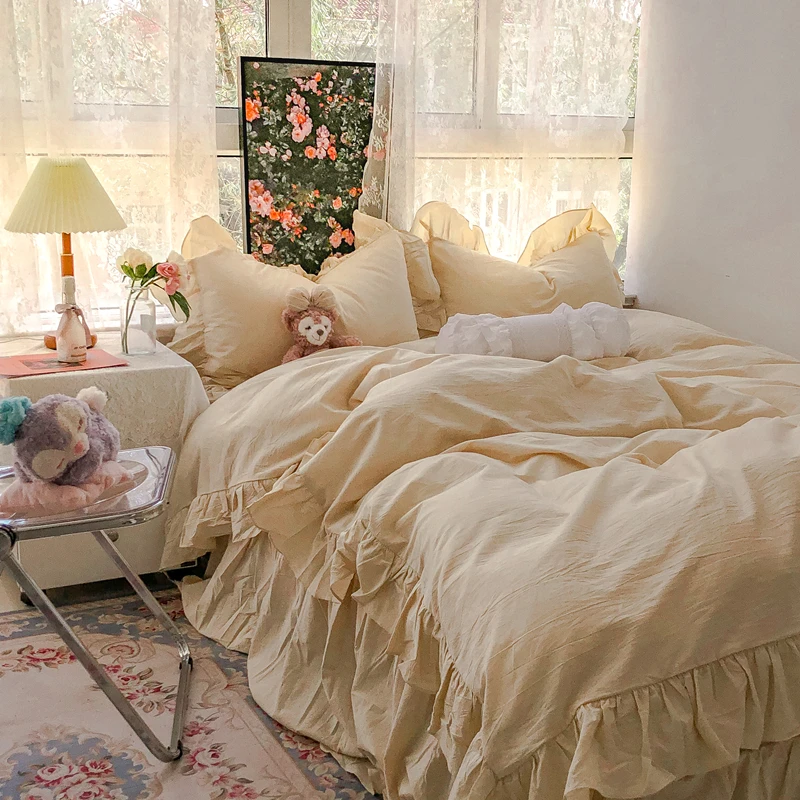 

Princess Style Gentle Milk Tea Color Ruffled Quilt Cover Four-Piece of Bed Skirt All Cotton Washed Cotton