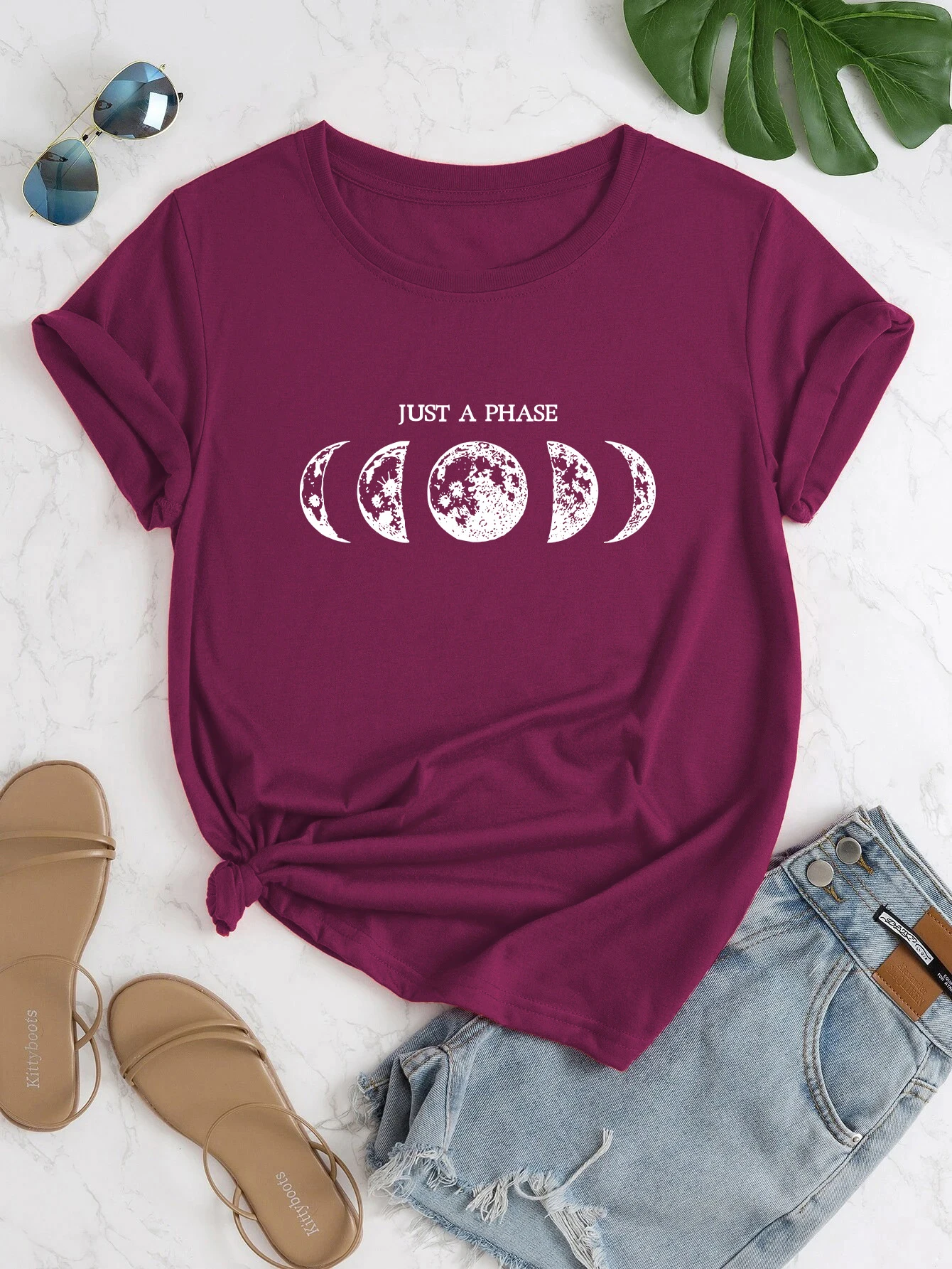 JUST A PHASE Print Crew Neck T-shirt, Casual Loose Short Sleeve Fashion Summer T-Shirts Tops, Women's Clothing687_voghion.com