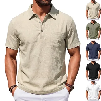 Polo da uomo in cotone e lino con colletto, tinta unita, casual, a maniche corte, per vacanze al mare, con tasche - Collezione Estate 2026