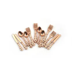 Set of 12 Vintage Dollhouse Miniature Tableware Cutlery Set for Children's Toy Dollhouse Decor (1 Bronze)