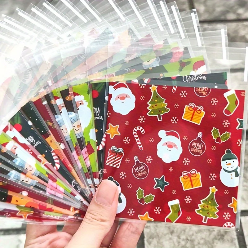 100 Stück Weihnachtsgeschenktüten mit selbstklebenden, festlichen Weihnachtsmann, Baum, Lebkuchenmann für Feiertagsdekorationen, Partygeschenke