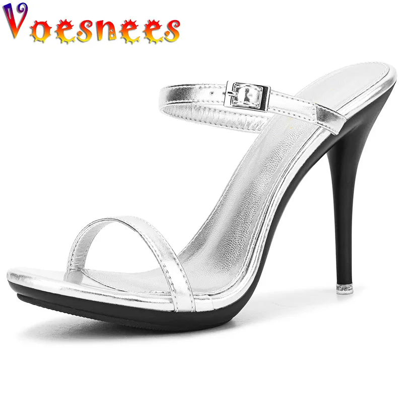 

Metal Buckle Silvery Slippers Double One Word Band Women High Heels Slides Party Shoes New Summer Sandals Zapatillas De Mujer