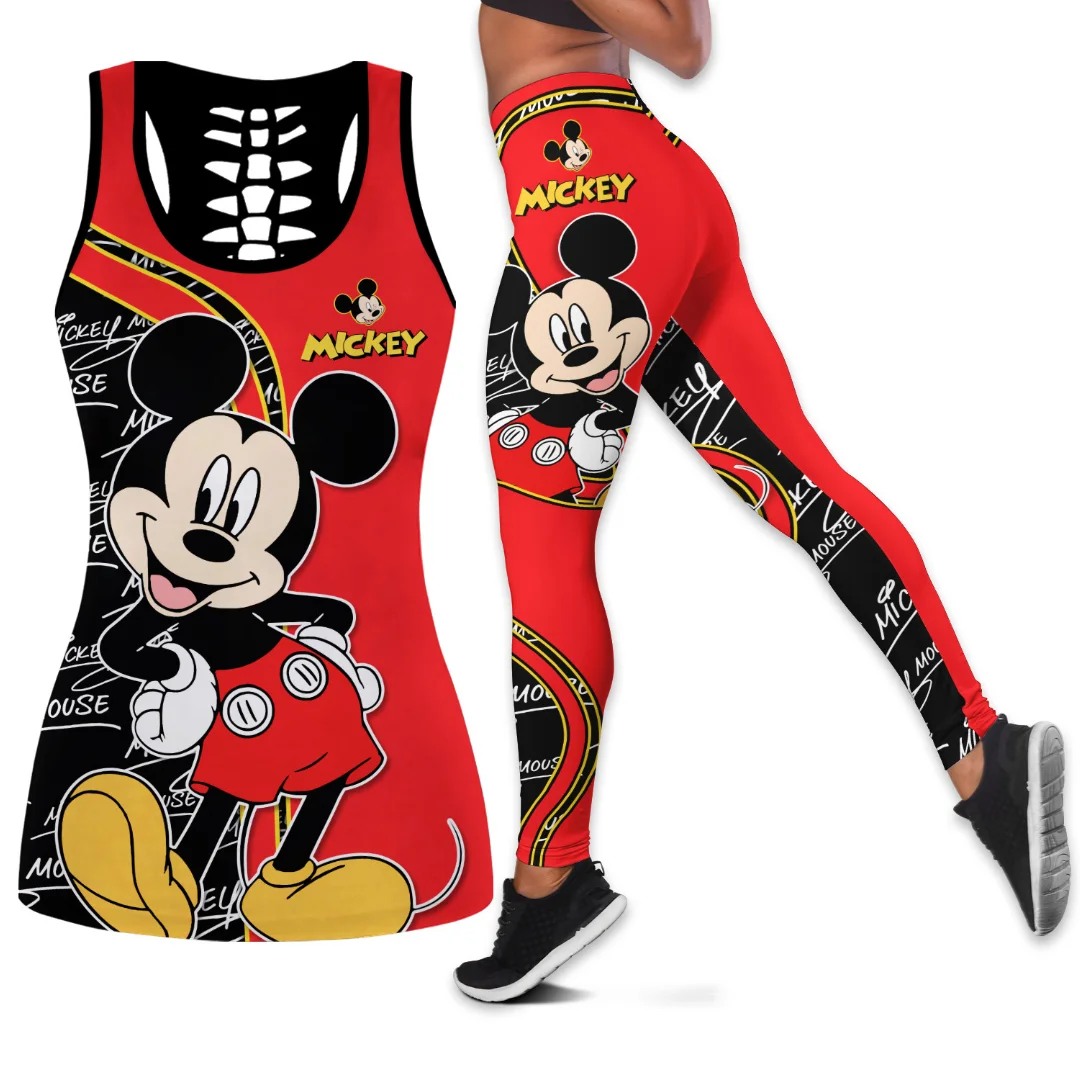 Disney Mickey Mouse damskie legginsy z wyciętymi tanktopami zestaw do jogi legginsy Fitness strój sportowy Disney Vest Tank Top Legging zestaw do jogi