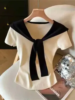 2026 New Summer Women Korean Style Sailor Neck Short Sleeve Knitted Tops Hit Color Shawl Design Short Fake two T-shirt Tops