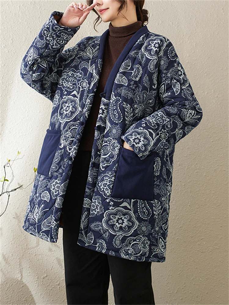 Ethnic Style Cotton Women Winter Vintage Single Breasted Coat Casual Loose Long Blue Floral Elegant Ladies New Jacket Outerwear