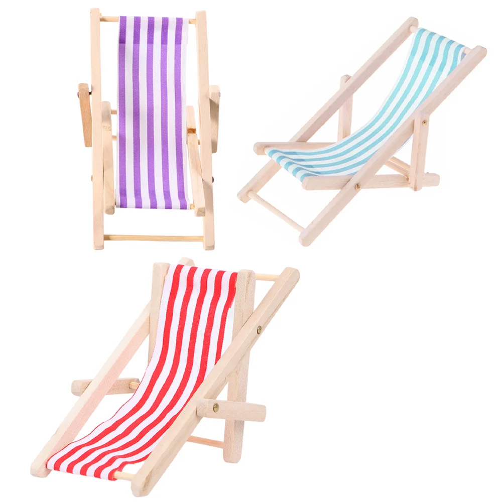 

3 Pcs Chaise Longue House Beach Chair Chairs Folding Dollhouse Wood Mini Foldable