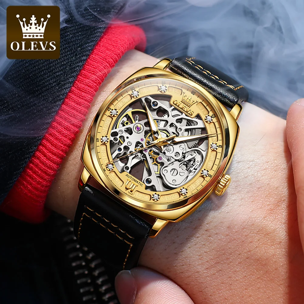 OLEVS 6651 Men's Watch Classic Automatic Mechanical Watch For Men Hollow Skeleton Clock Luxury Leather Waterproof Wrist Watches