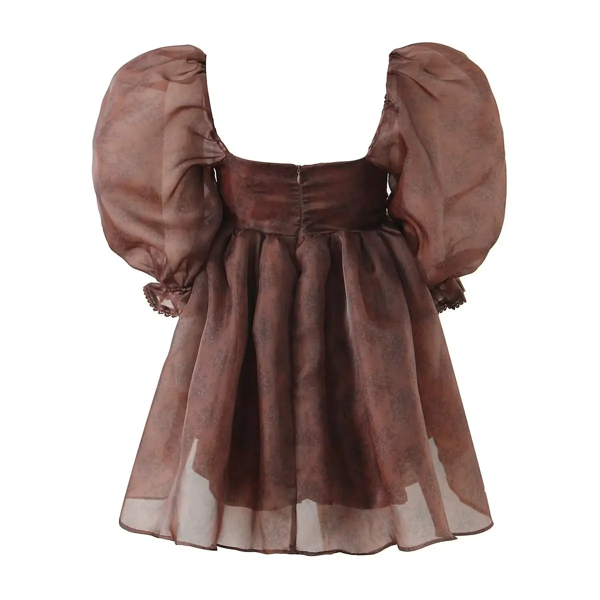Women Brown Flower Print Puff Mini Dress With Square Neckline Short Sleeve Preppy