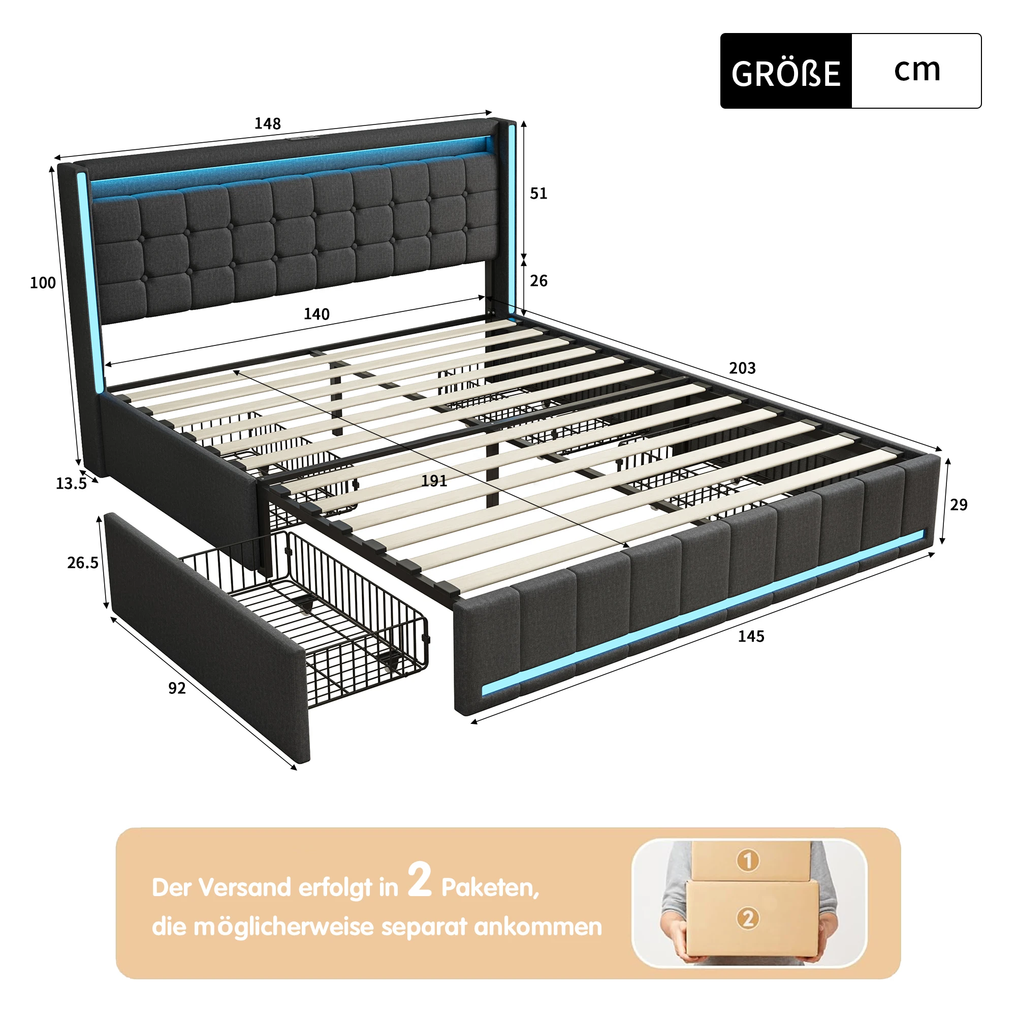 Comanlai Gepolstertes Doppelbett mit 4 Schubladen, Stauraumbett mit Lattenrost, Bettgestell mit USB-Ladeanschluss und LED-Beleuchtung – Detail 1