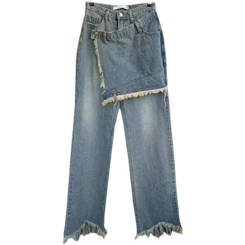 Retro Street Wrapping Patchwork Jeans Women Old Vintage Mopping Jeans Raw Edge Washing Straight Long Denim Pants Capris Women