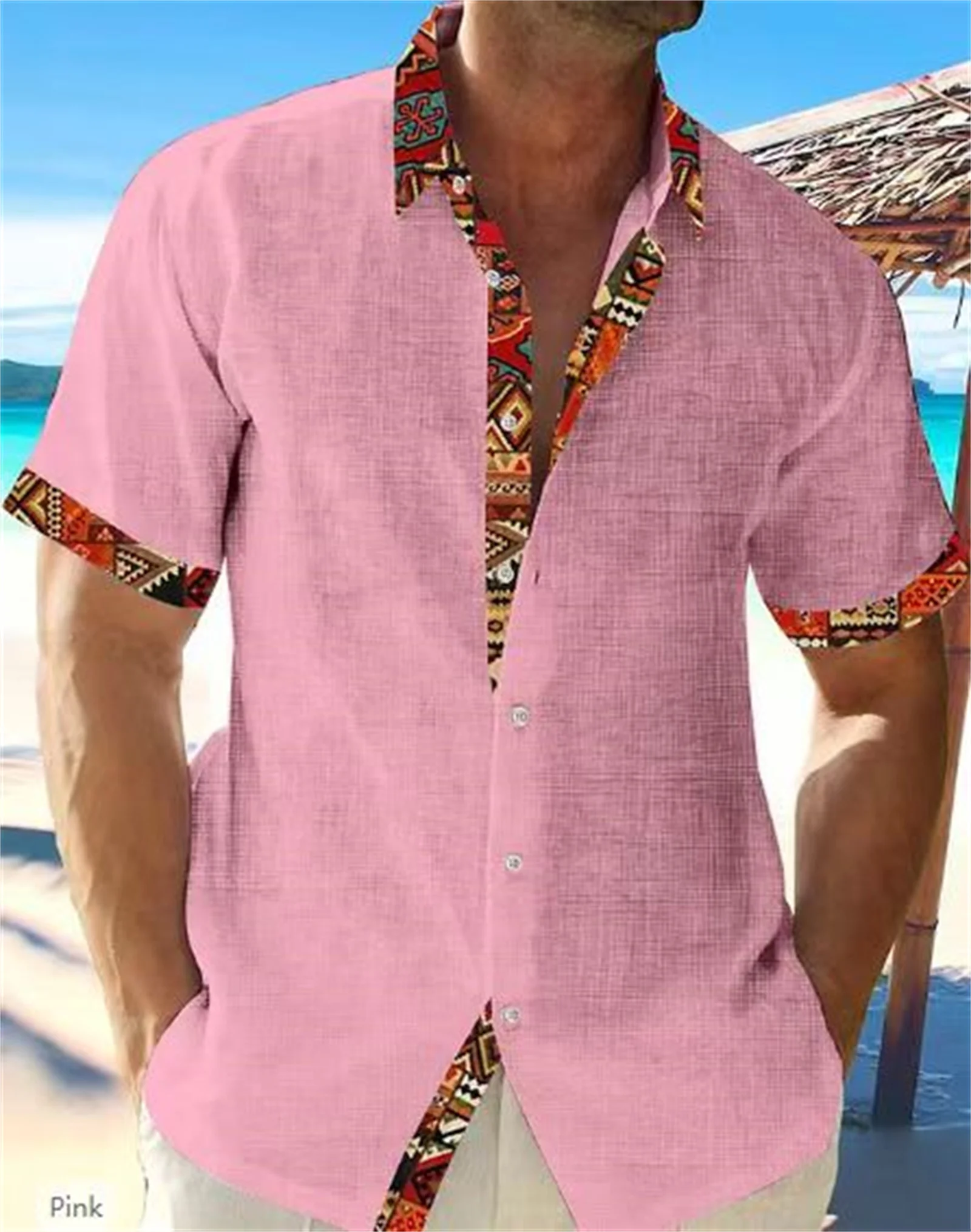 

2023 Summer Fashion New Men's Hawaiian Beach Linen Short Sleeve Shirt Men's High Quality Street Pink White Blue Grey Top