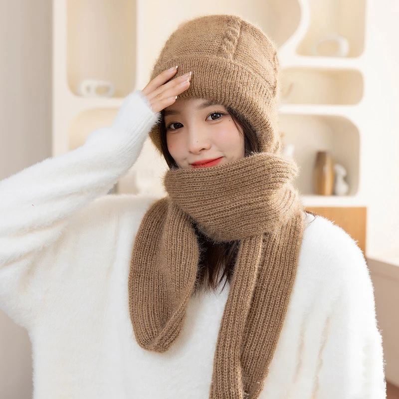 

Winter Knitted Hat Scarf Set Women Warm Ear Protection Wool Hood Hats Girls Plush Thicke Beanies Outdoor Snow One-Piece Skullies