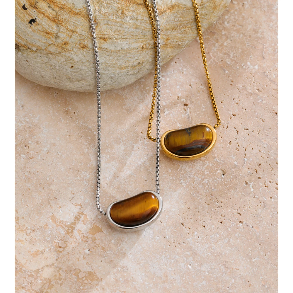 Yhpup Natural Tiger Stone Oval Pendant Necklace