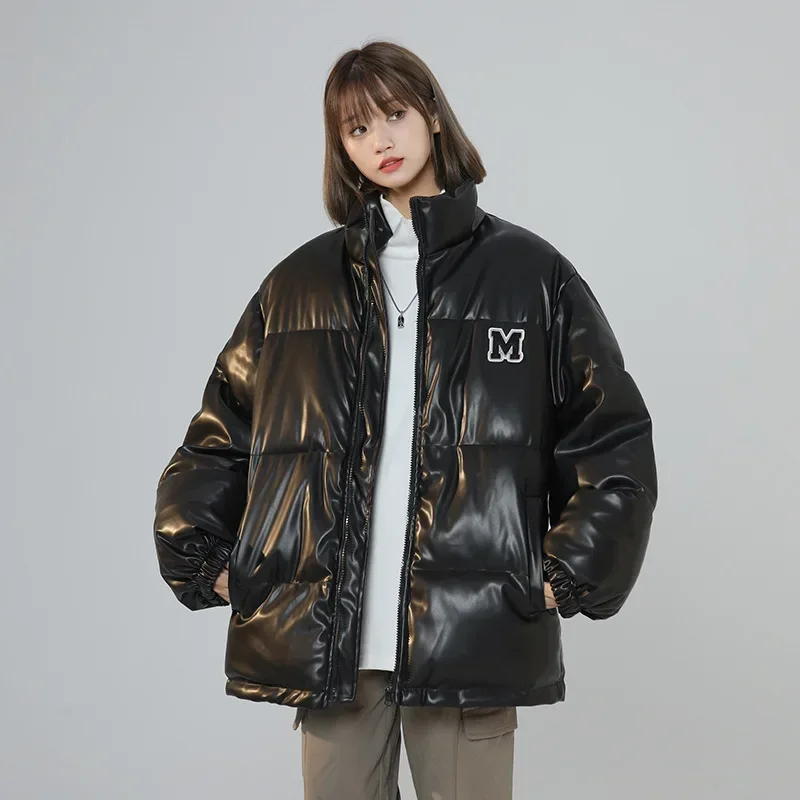 

Retro PU Leather Down Cotton-padded Jacket Women's Winter New Fashion Loose Stand-up Collar Thick Bread-padded Jacket Trend