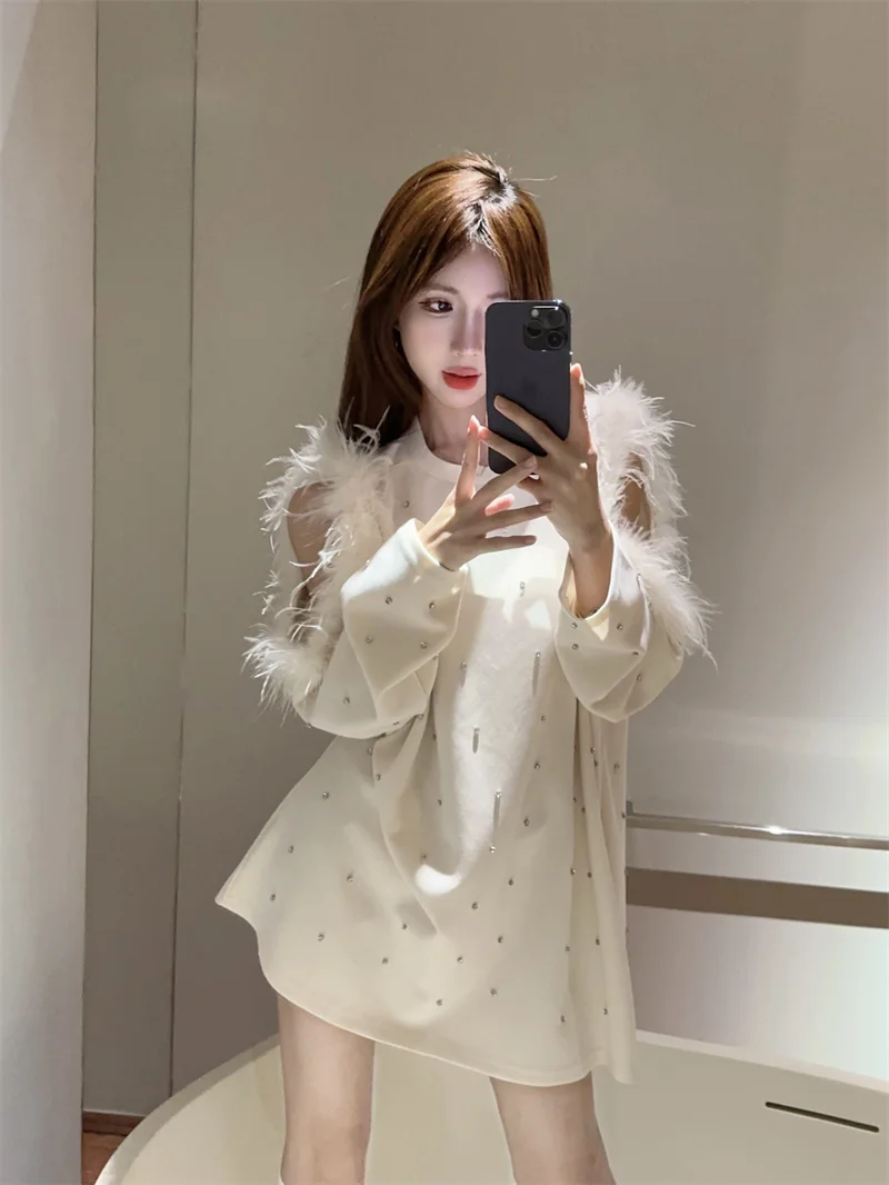 

Dress for Women Fashion Long Sleeve Off Shoulder White Robe Femme 2023 Vestidos De Mujer Loose Diamond Casual Y2k Dresses