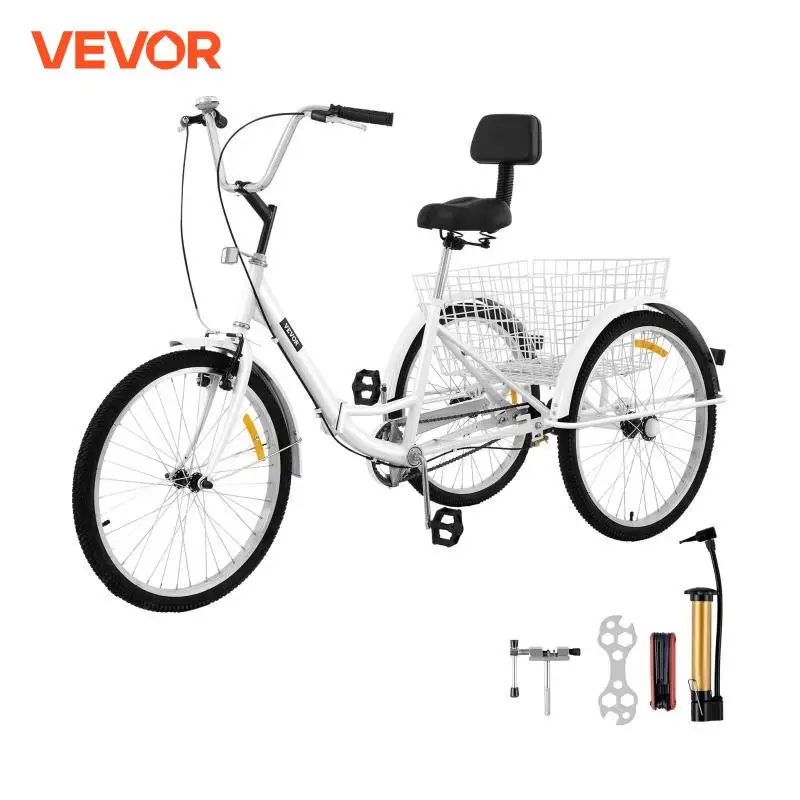 24 inch Folding Adult Tricycle 3 Wheel Trike Bike 1/7 Speed High-Carbon Steel Cargo Trailer Pet Cart Outdoor Travel