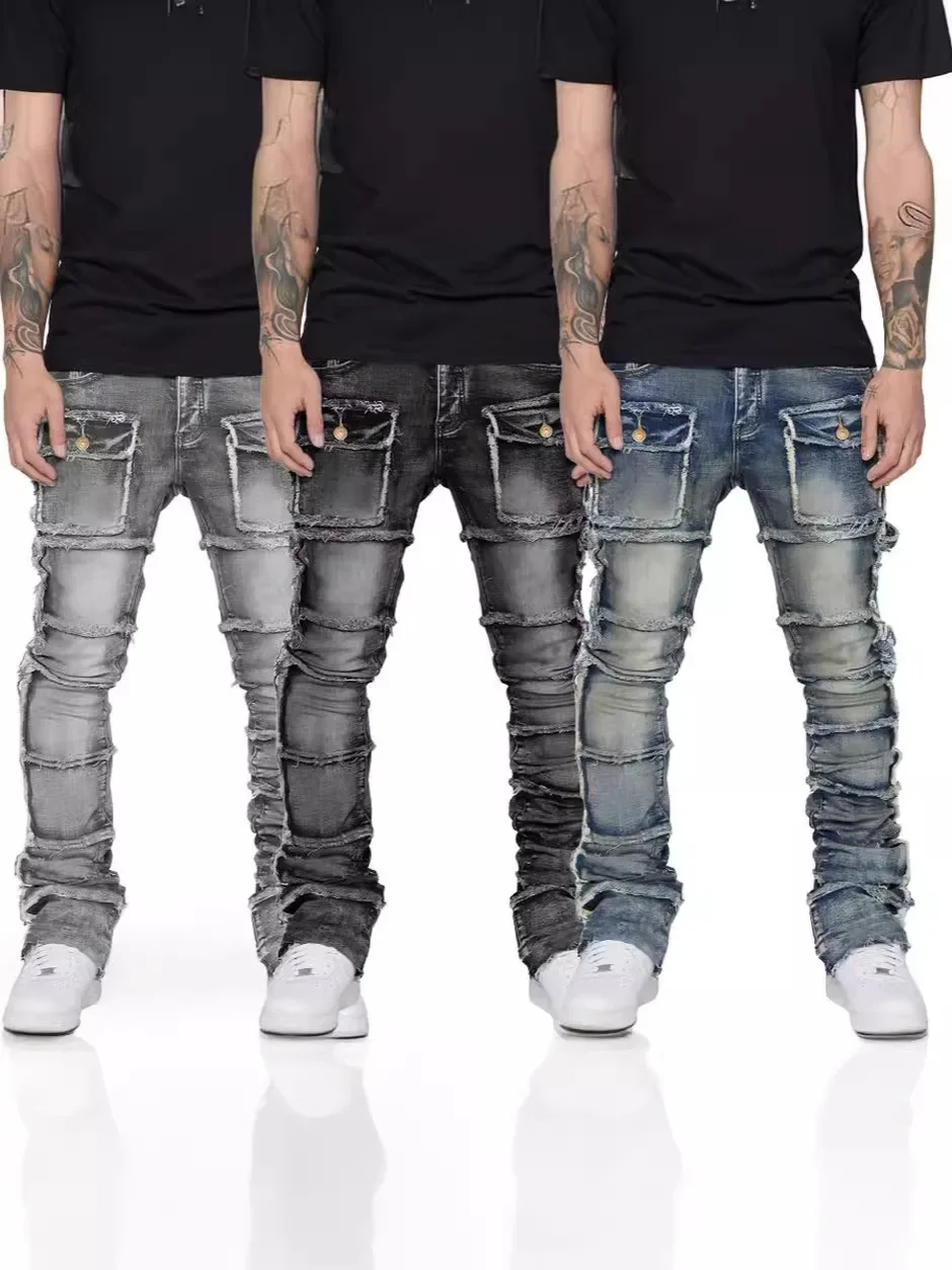 New Stretchy Jeans Men Ripped Washed Y2k Pants Retro Cargo Straight Leg Male's Patched Denim Trousers