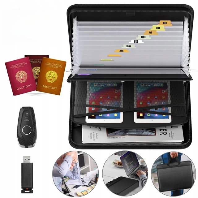 A4 Fireproof Document Folder with 13 Compartments and Zipper, Document Holder with Handle, Home Office Travel Dcument Organiser 1
