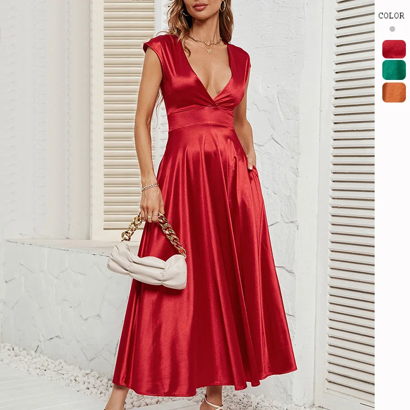 

Women's summer explosive dress solid color commuter V-neck short-sleeved skirt women