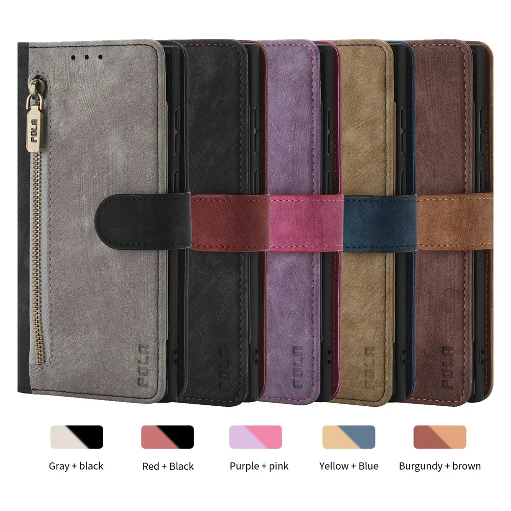 Premium RFID Leather Zipper Wallet Case for Motorola Edge and Moto Series