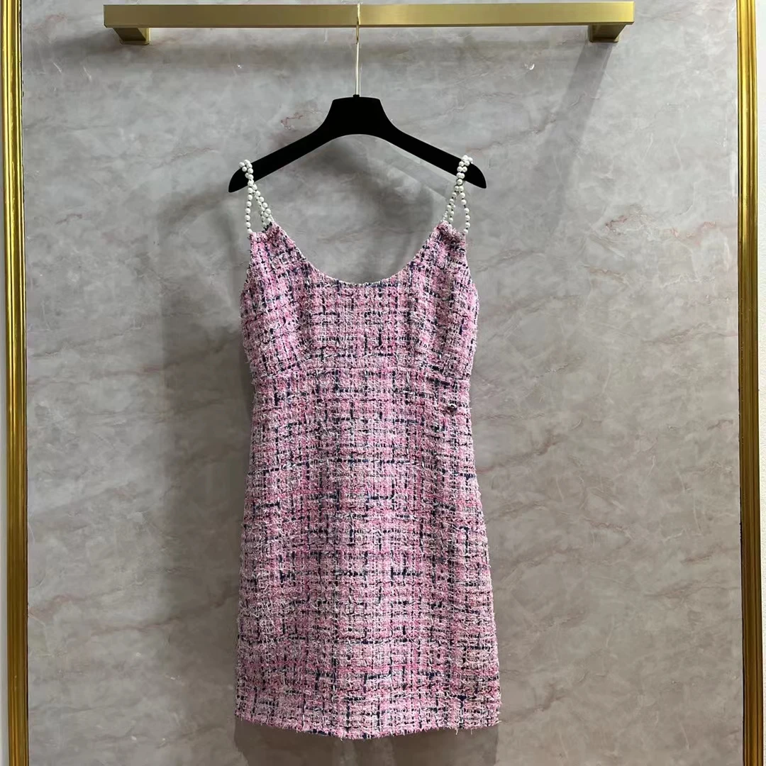 

2023 Spring Summer Women's High Quality Brand New Designer Pearls Slip Dress Backless Plaid Tweed Dress B898