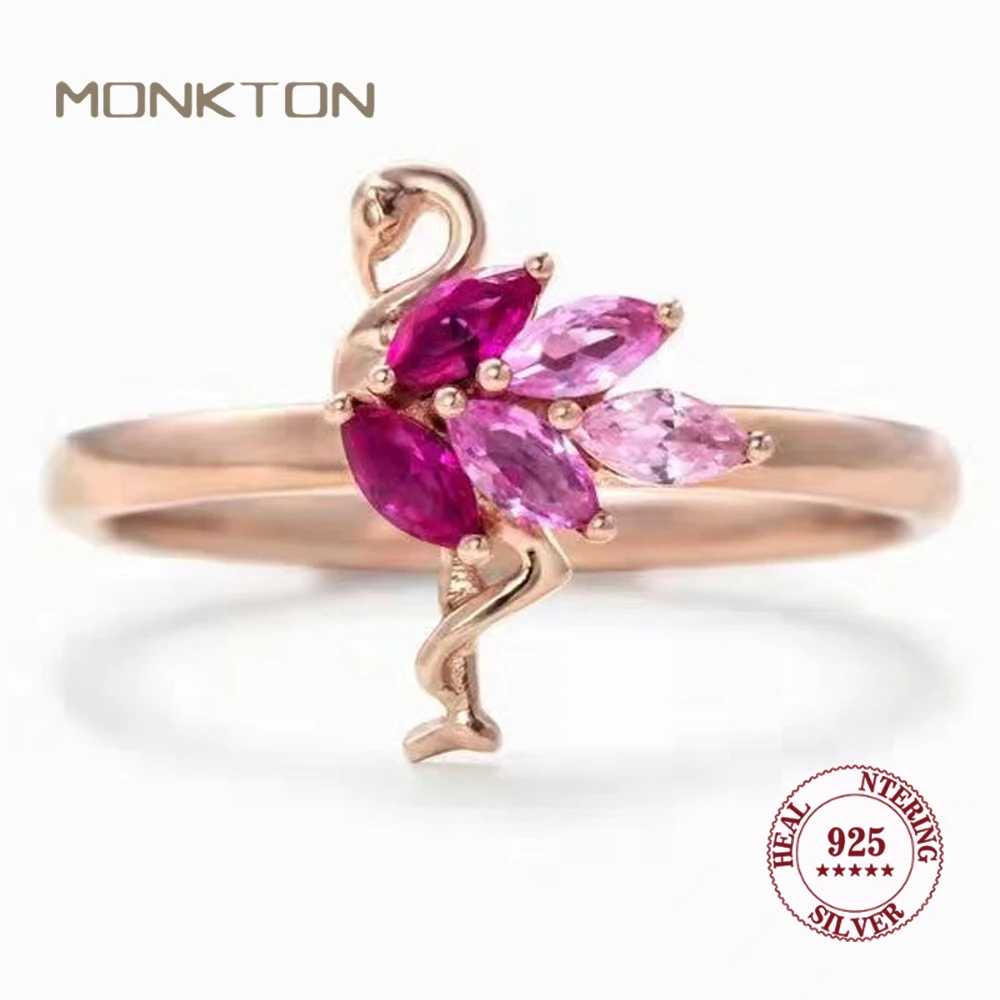 

Monkton Silver 925 Flamingo Ring for Women Animal Rose Gold Pink Bird Flamingo Wedding Engagement Finger Ring Summer Jewelry
