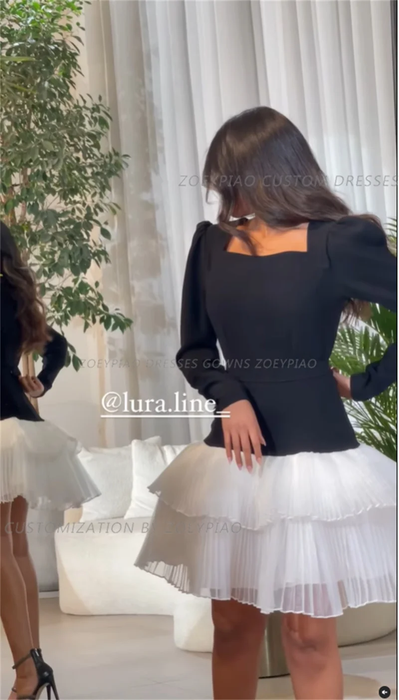 Black/White Short Tiered Prom Dresses Full Sleeves Simple Formal Evening Dresses Organza Wedding Party Dress vestidos de gala