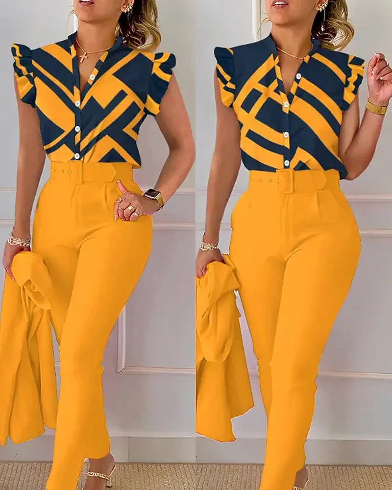 Summer Fashion Print 2 Piece Set Women Casual Button Flying Sleeve Shirt Pants Suits Female V-Neck Top High Waist Pants Outifits