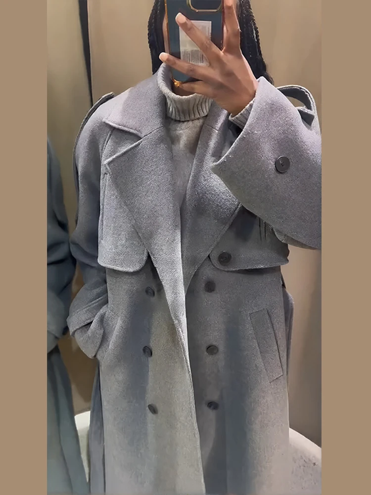 Frauen Lange Mäntel Revers Mit Gürtel Zweireiher Woolen Mantel Chic Weibliche Volle Hülse Dünne Herbst Mäntel Neue Dame Outer – Detail 13