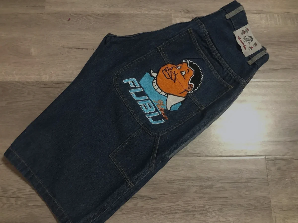 Denim Shorts American Retro Fubu Straight Legs Casual Sports Shorts Cropped Pants Hip Hop Street Loose streetwear men