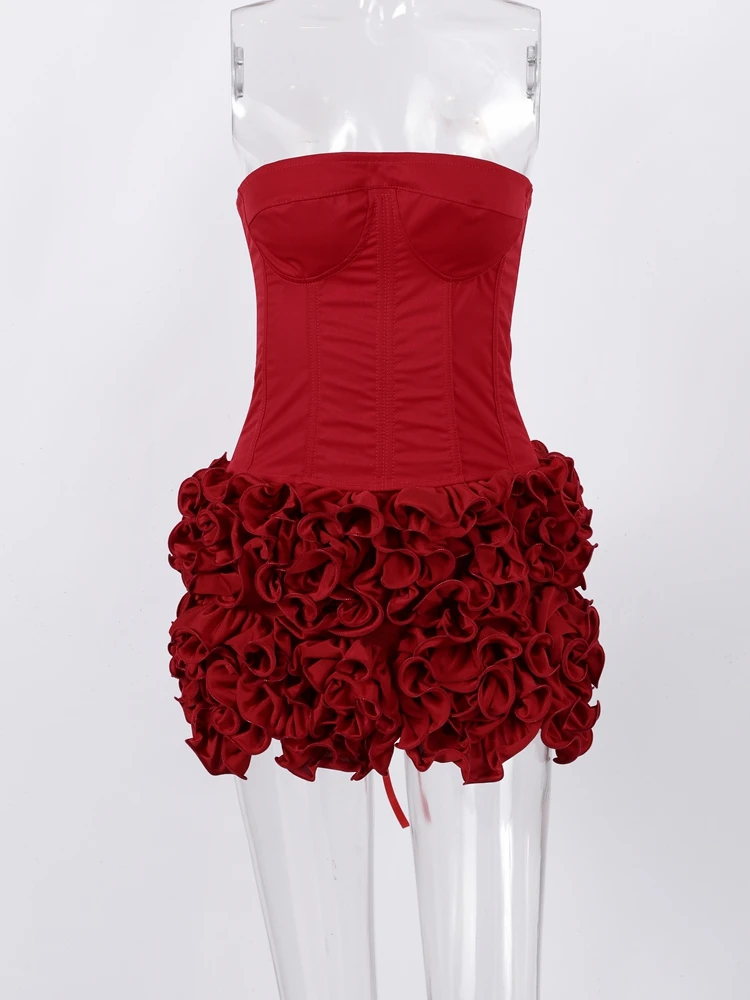 Sexy Red 3D Flowers Dress Suits Women Fishbone Bandage Adjustable Tube Top Flower Mini Skirt Suit Party Club Lady Outfits 2024 4