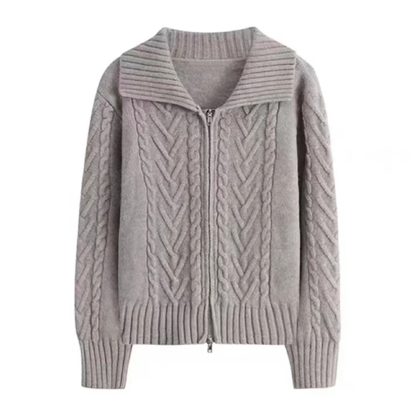 Fashion New Women's Lapel Knitted Women's Long Sleeve Sweater Fashion Zipper Cardigan Solid Color Women's Autumn and Winter Top