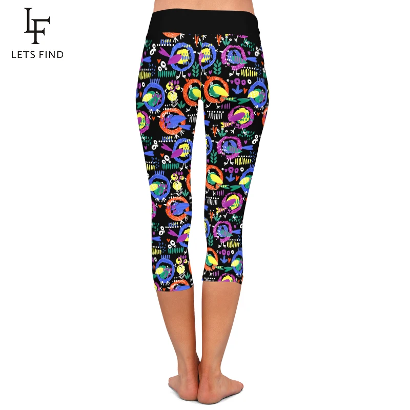 LETSFIND Leggings Women Hand-painted Cartoon Bird Print Capri Leggins New High Waist Sexy Stretch Mid-Calf 3/4 Pants