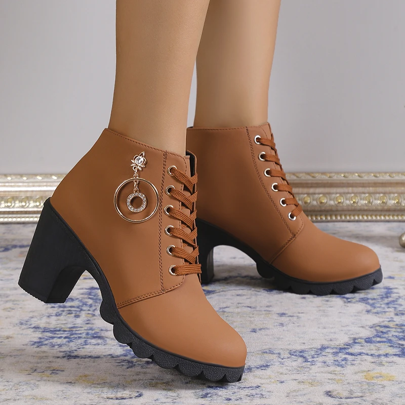 Women's boots Autumn and winter fashion rhinestone pendant large size lace-up ankle boots thick heel brown black