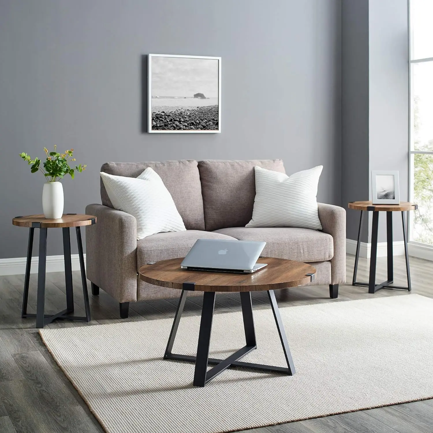 

Walker Edison Anastasia Modern 3 Piece Metal Wrap X Base Coffee and Side Table Set, Set of 3, Rustic Oak