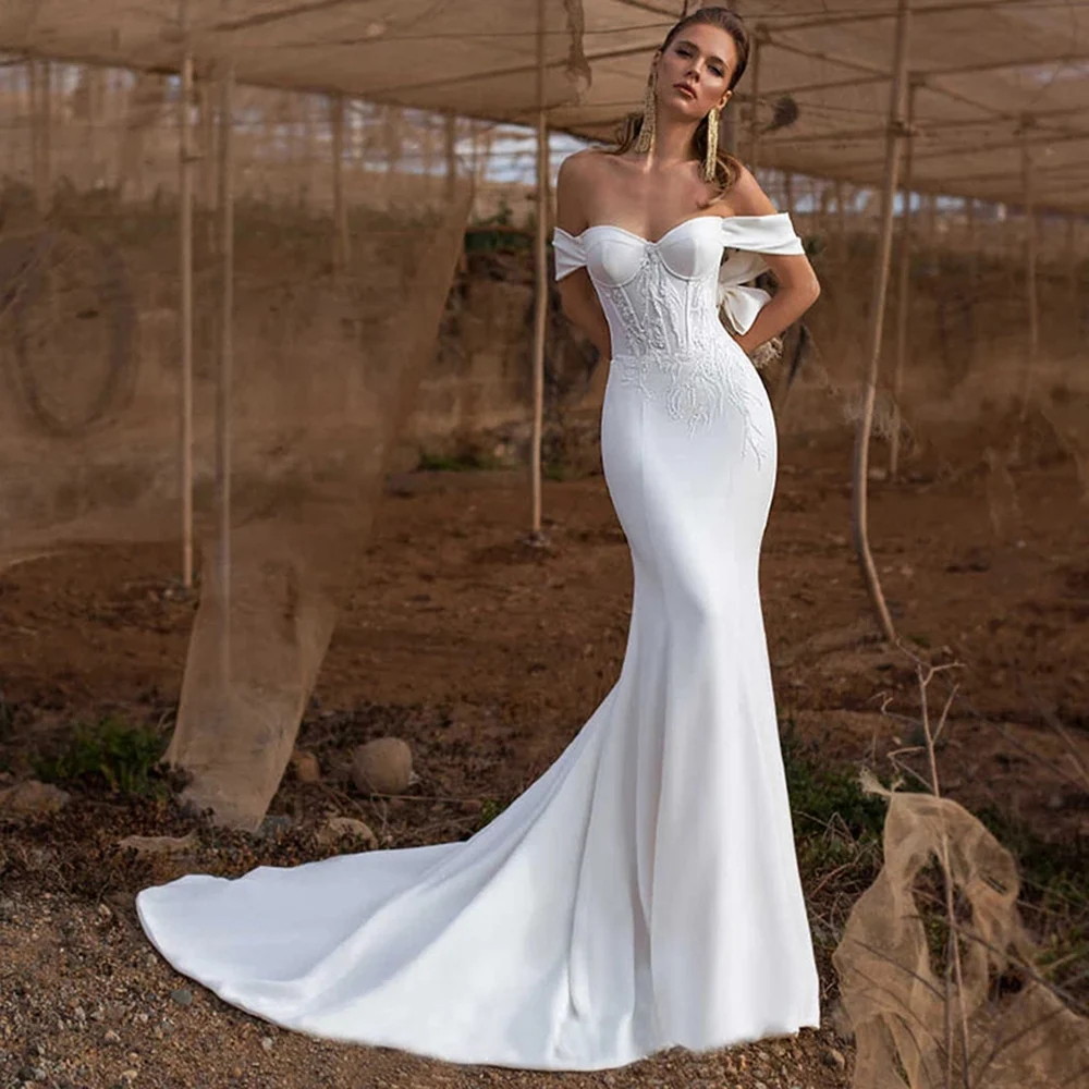 

Charming White Mermaid Wedding Dresses Off Shoulder Gowns Sweetheart Open Back Bridal Corset Bodice On Sale
