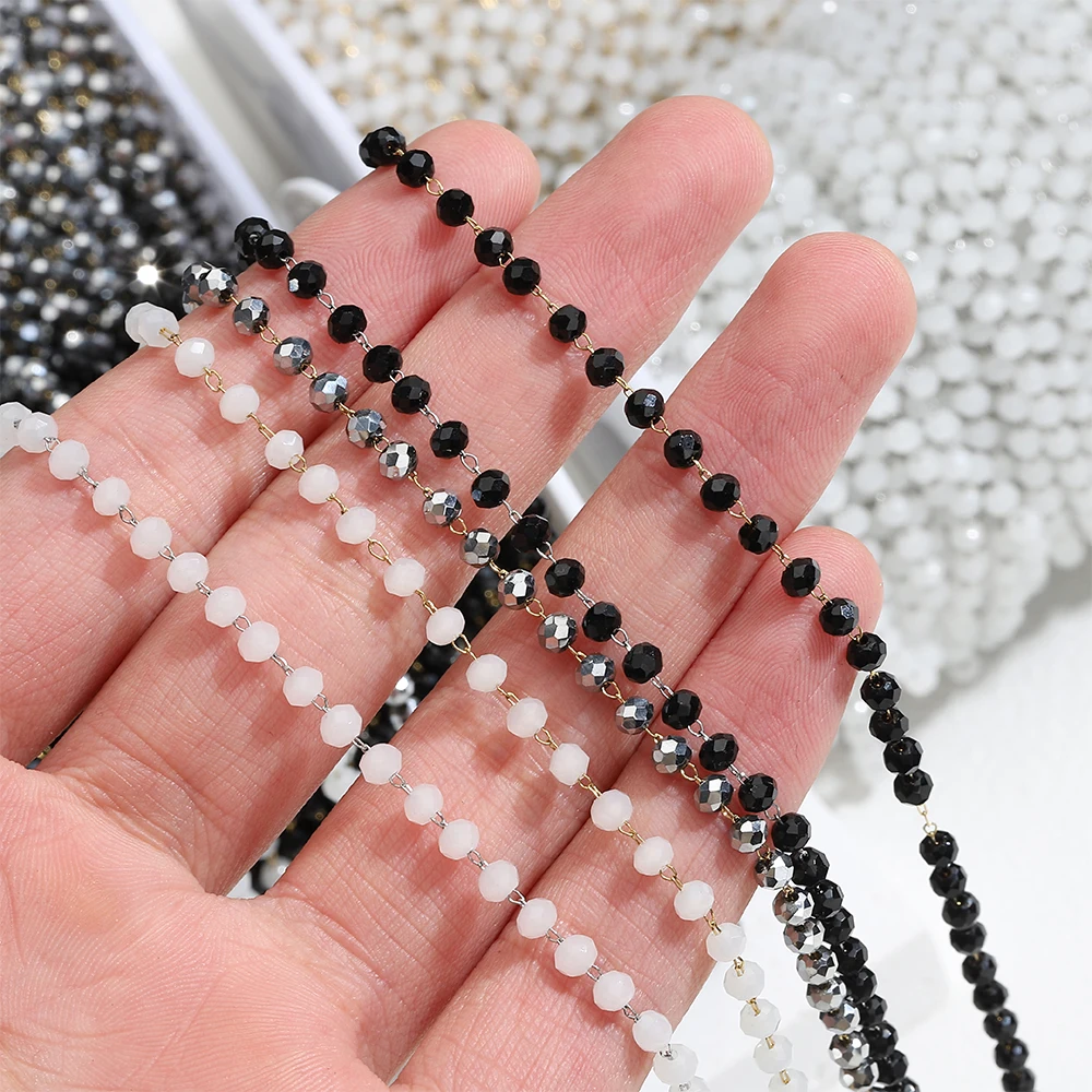 1meter Stone Stainless Steel Chain Black White Silver Color Crystal Beaded Chains for Necklace Bracelet Jewelry Making DIY