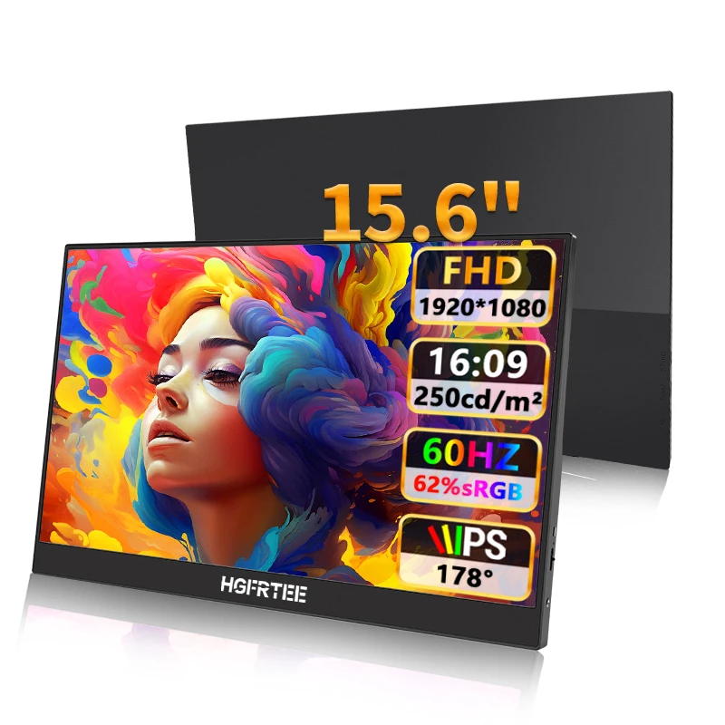 HGFRTEE 15.6'' FHD 1080P 울트라슬림 휴대용 모니터(노트북 PC 폰 PS4 Xbox 스위치용 듀얼 타입-C 및 미니 HDMI 인터페이스 포함)