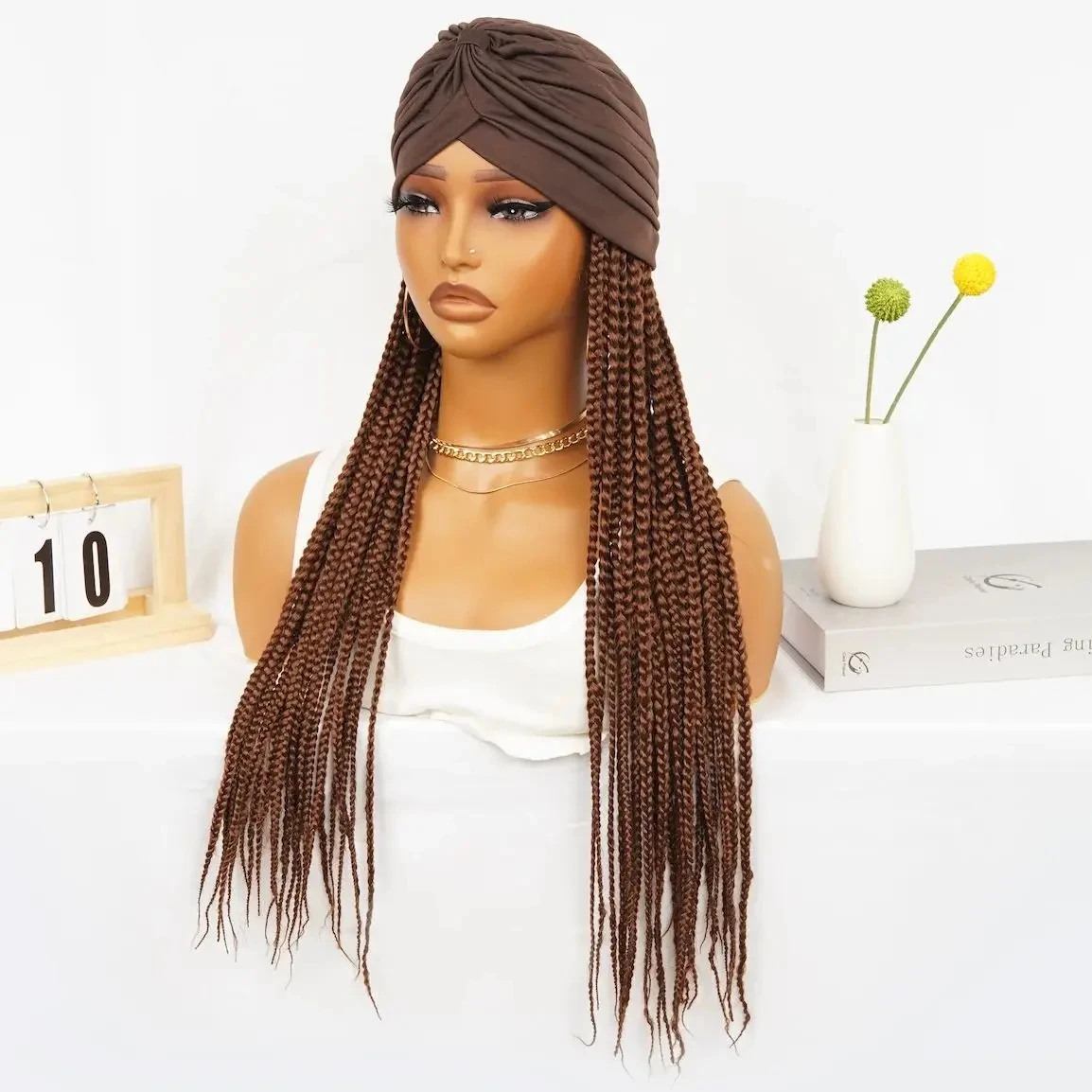 Braid Wig Headband Braided Headband Wigs for Black Women Synthetic Wigs With Turban Hat Box Braiding Hair Brown Knotless