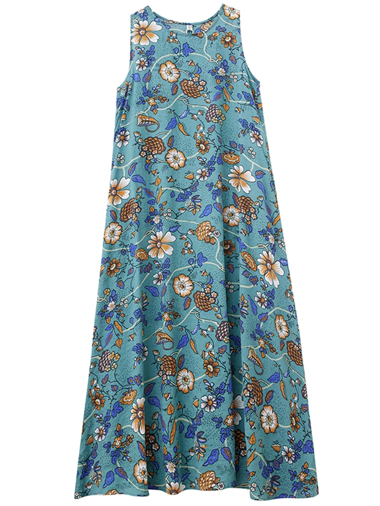 2025 Summer Cotton Vintage Sleeveless Print Dresses For Women Casual Loose Long Dress Femme Robe Vestidos Boho Elegant Clothing