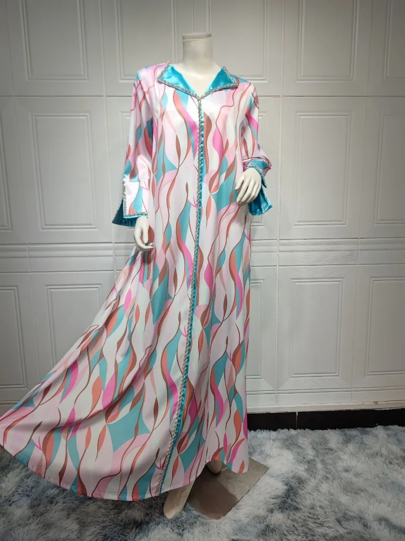 Eid Jalabiya Long Dress Diamond Muslim Abaya Party Dress for Women Arab Caftan Abayas Long Sleeve Robe Woman Ramadan Vestidos