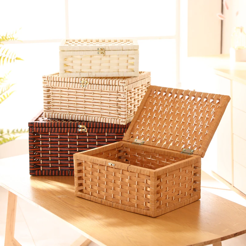 

Paper rattan storage box Desktop storage box with a lid snack box sorting sundries box