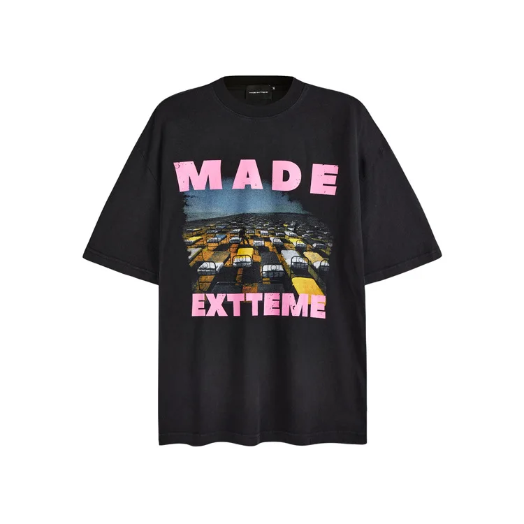 

MADE EXTREME Retro Printed Short Sleeve Washed Old Pink Letter Summer T-shirt Top for Men and Women