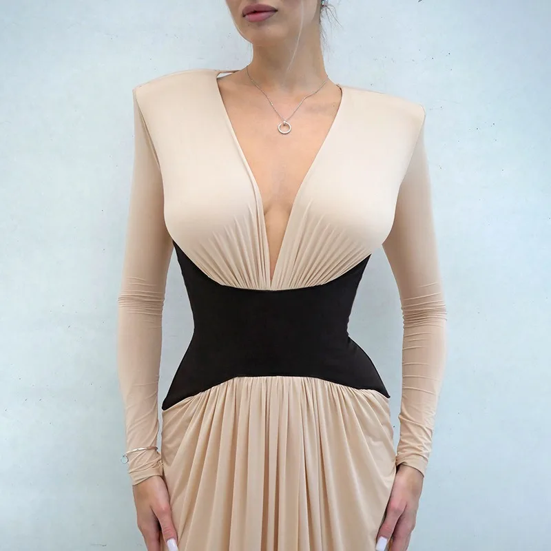 Fashion Simple New Spring and Autumn Women's Deep V-neck Long Sleeve Dress Contrasting Elegant Long Slim Waist High Slit Dress