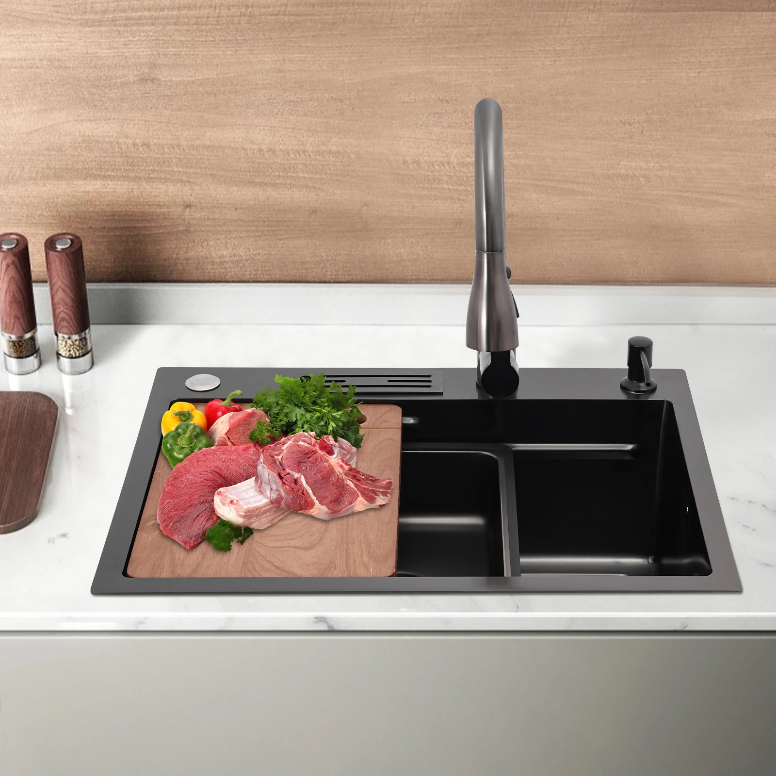 Stainless Steel Kitchen Sink Nano Coating Sink Full Set Thickened Large Single Sink w/Pull-out Faucet Basin KnifeKitchen Washing 2