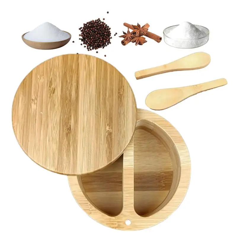 

Salt And Pepper Keeper With Swivel Lid And Spoon Wooden Seasoning Box Two Compartments Salt Cellar Storage Box For Sugar Spices