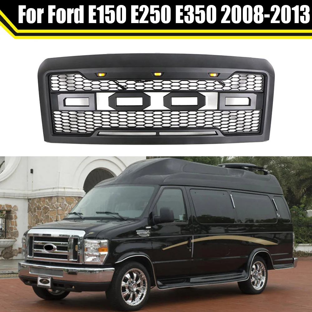 

4x4 Off road Auto Parts ABS Black Car Front Upper Grille Car Grille With Led Light Bar Fit For Ford E150 E250 E350 2008-2013