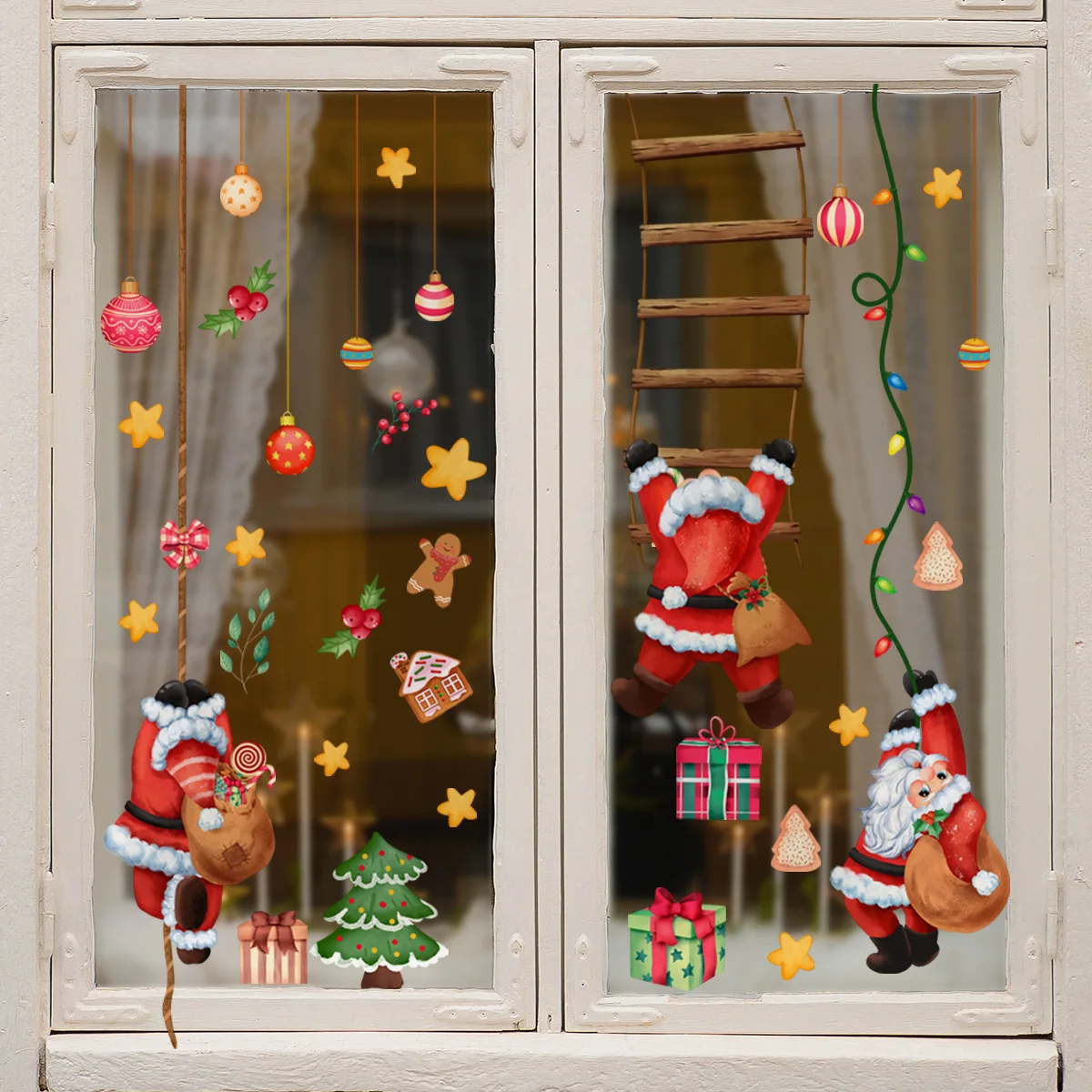 Reindeer Penguin Snowman Santa Sleigh Static Cling Sticker Multi-Element Double-Sided Window Decal for Christmas Decor