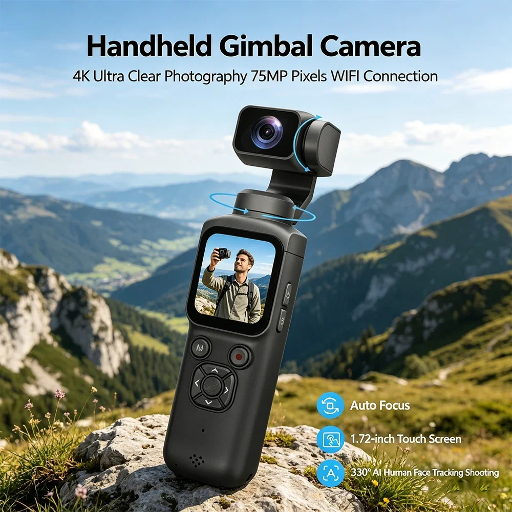 4K 30FPS 포켓 짐벌 카메라 75MP 울트라 HD 픽셀 330 ° AI 자동 추적 핸드헬드 스포츠 카메라 (브로그 라이브 스트리밍용)