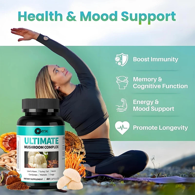 6-in-1 Mushroom Complex-Lion Mane, Ganoderma lucidum, Cordyceps sinensis, Chaga, Turkey Tail, Dancing Mushroom 60 capsules